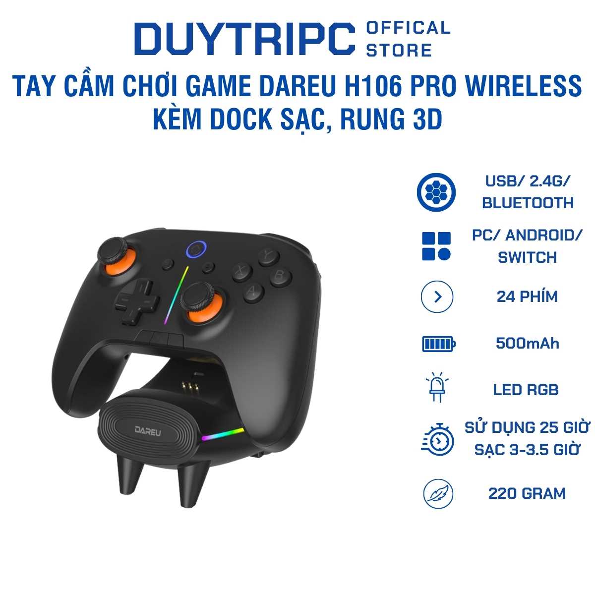 Tay Cầm Chơi Game Dareu H106 Pro Không Dây – Kèm Dock Sạc, Rung 3D, Tương Thích PC/Android/PS3
